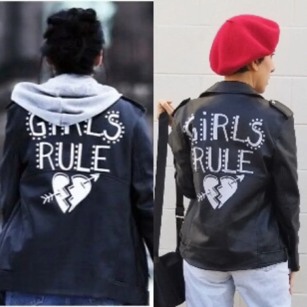 Zara Vegan Leather Edgy Moto Biker Jacket XS Girls Rule Slogan Bloggers Favorite - Picture 6 of 16